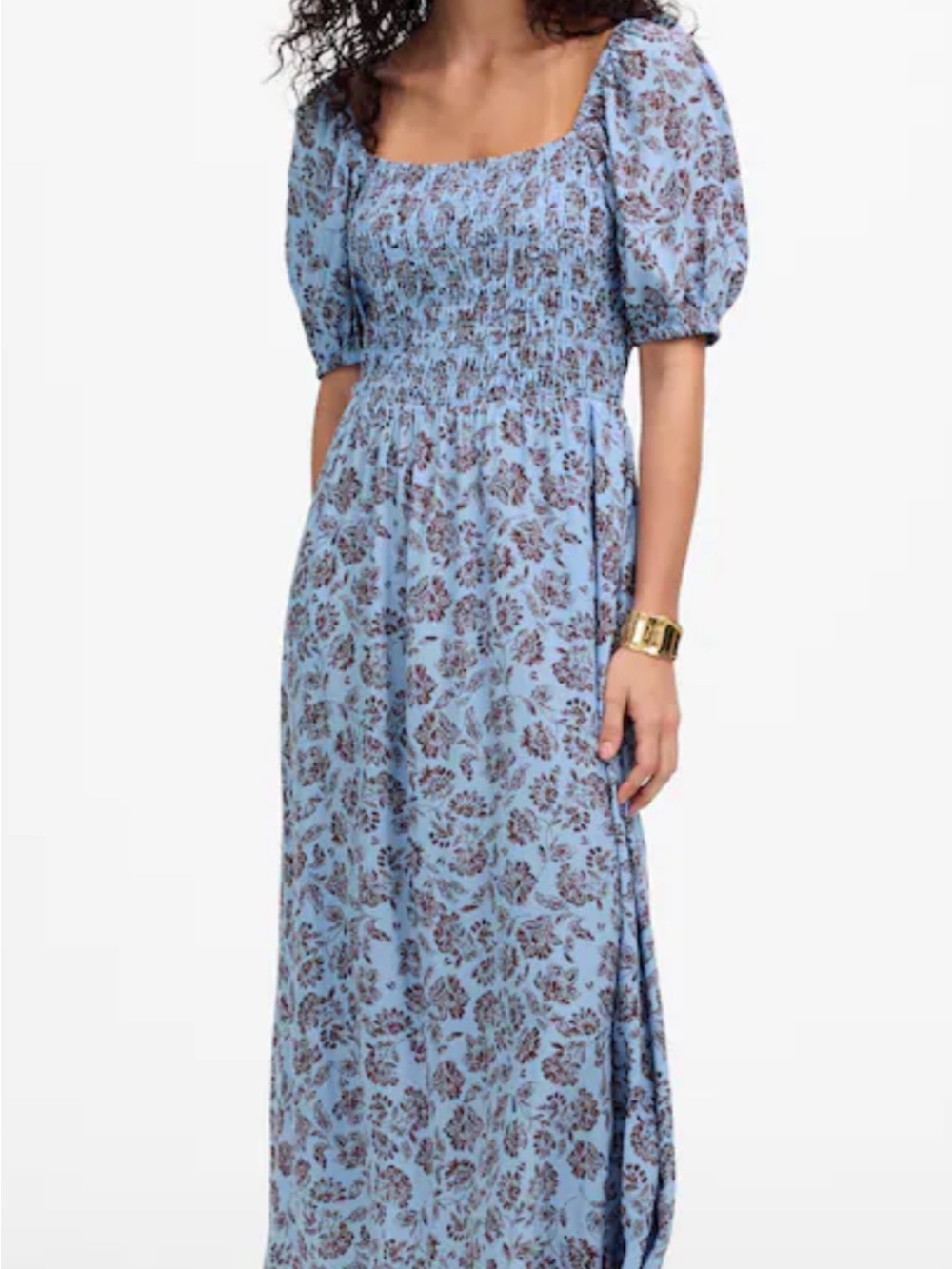 J. Crew Blue Floral Smocked Maxi Dress with Puff Sleeves